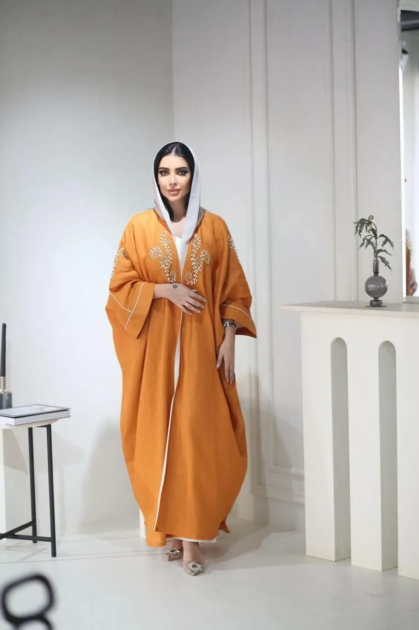 Orange linen bisht abaya hand beads
