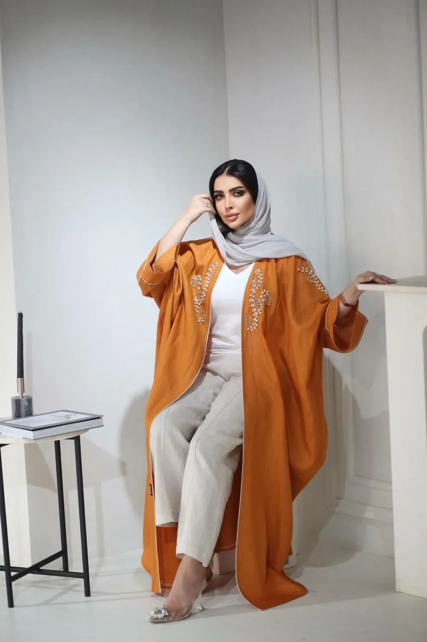 Orange linen bisht abaya hand beads