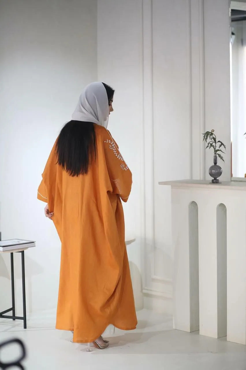 Orange linen bisht abaya hand beads