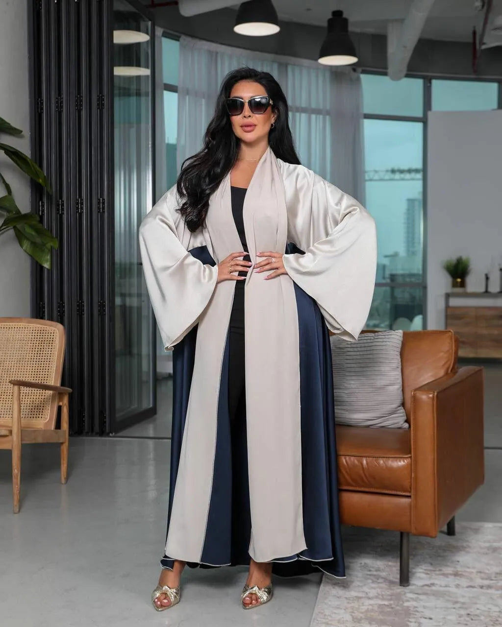 Navy and beige silk abaya -free size