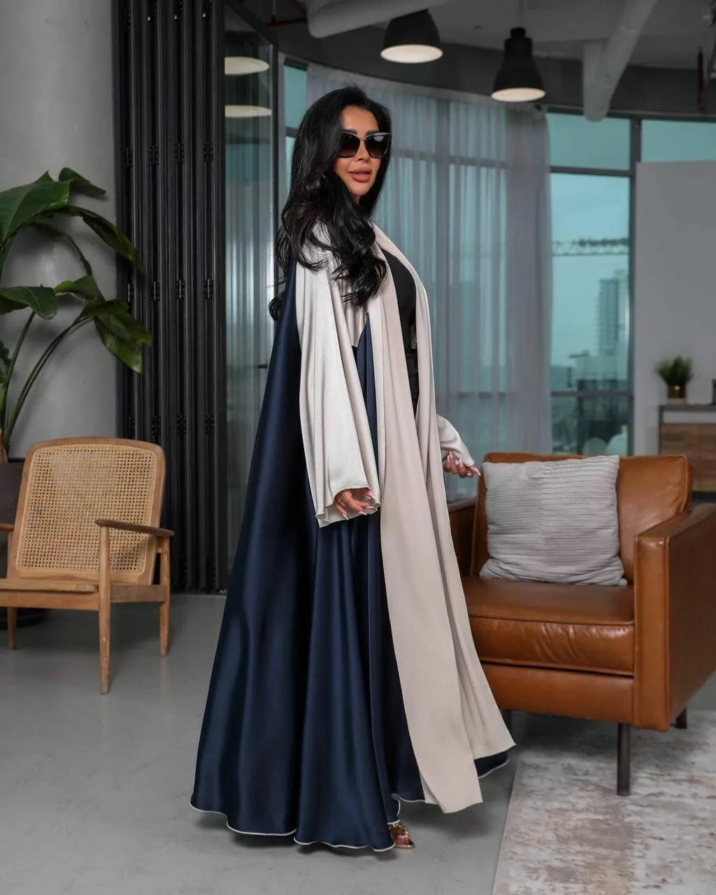 Navy and beige silk abaya -free size