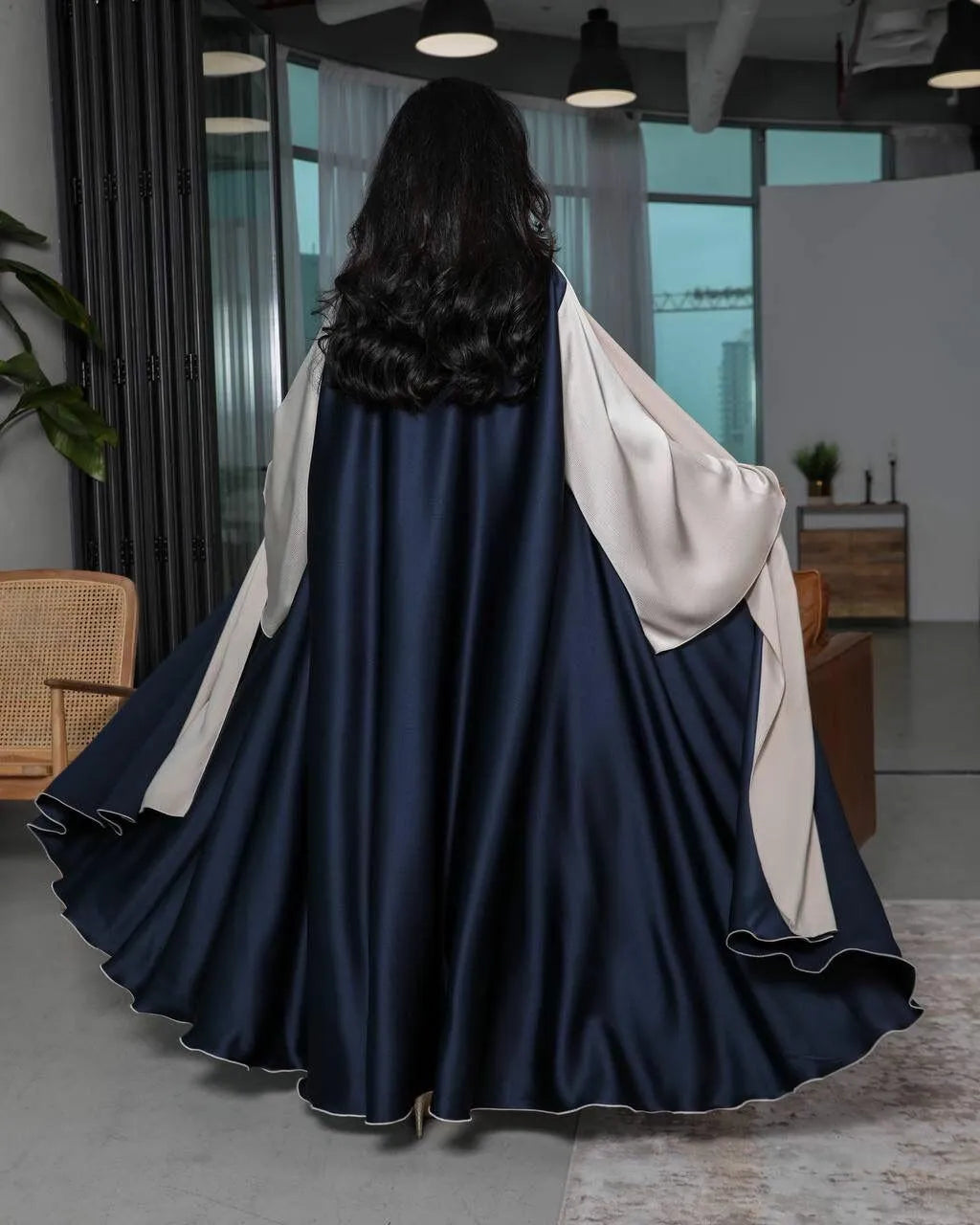 Navy and beige silk abaya -free size