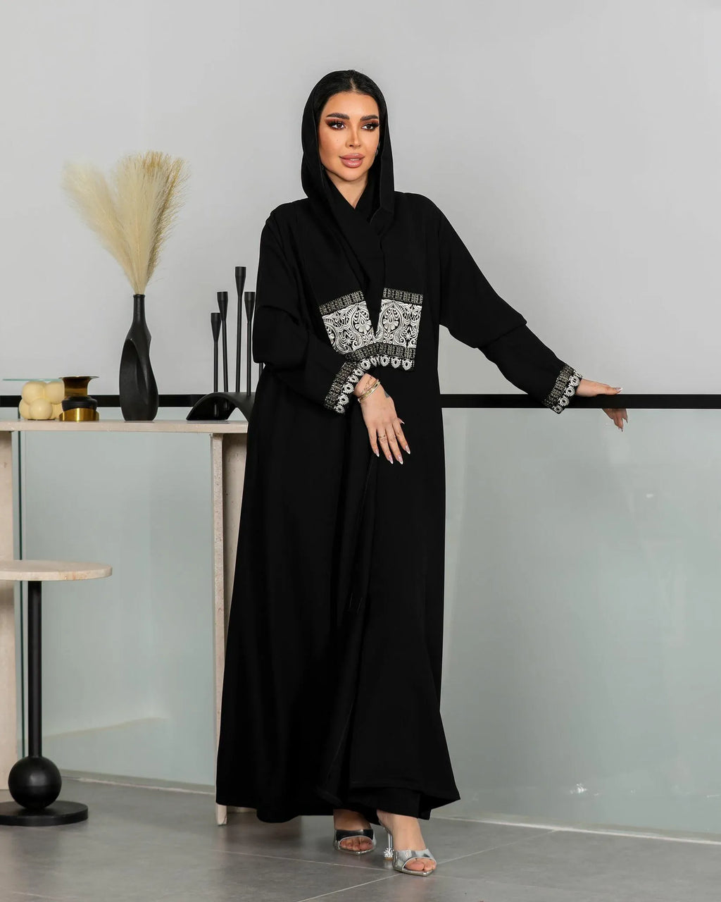 Black crepe abaya with beige embroidery with silk