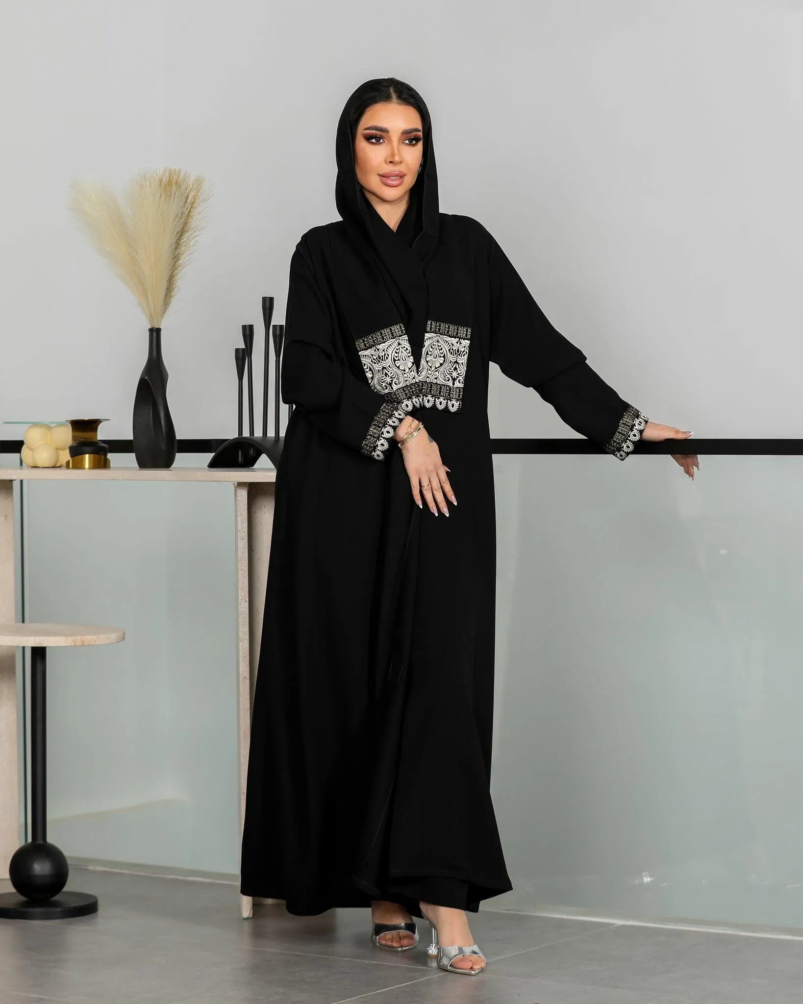 Black crepe abaya with beige embroidery with silk