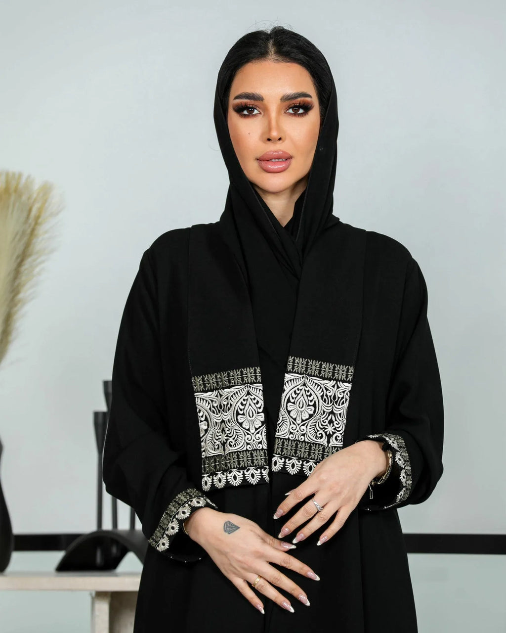 Black crepe abaya with beige embroidery with silk