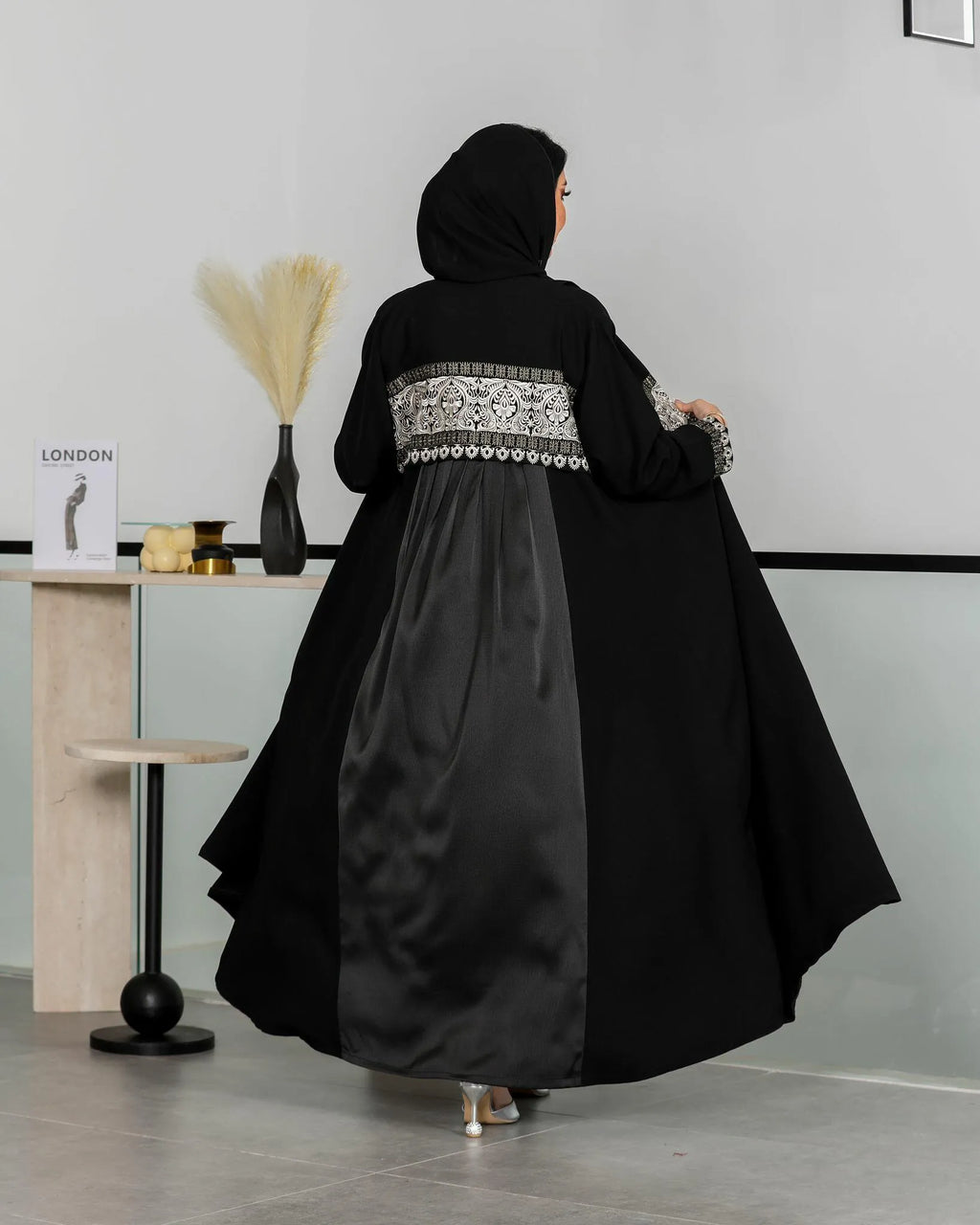 Black crepe abaya with beige embroidery with silk
