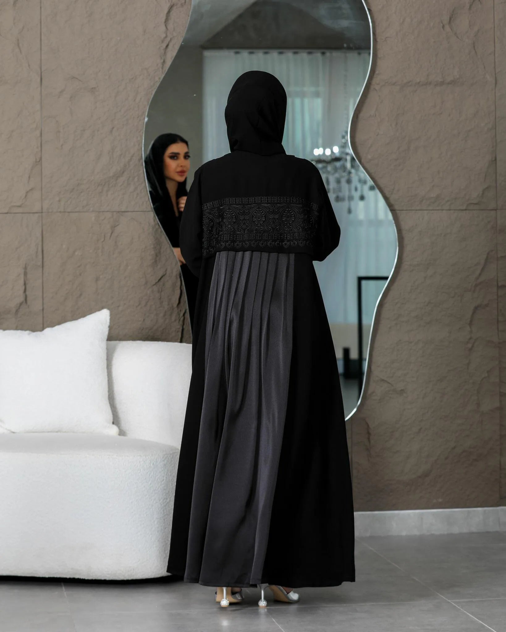 Black crepe abaya with black embroidery with silk