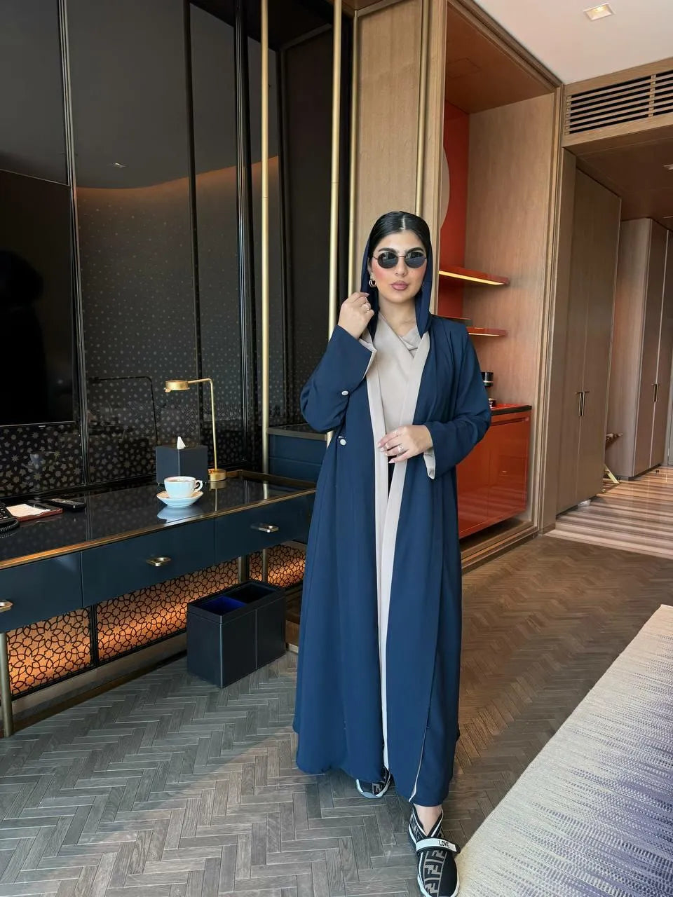 Navy and beige crepe blazer abaya
