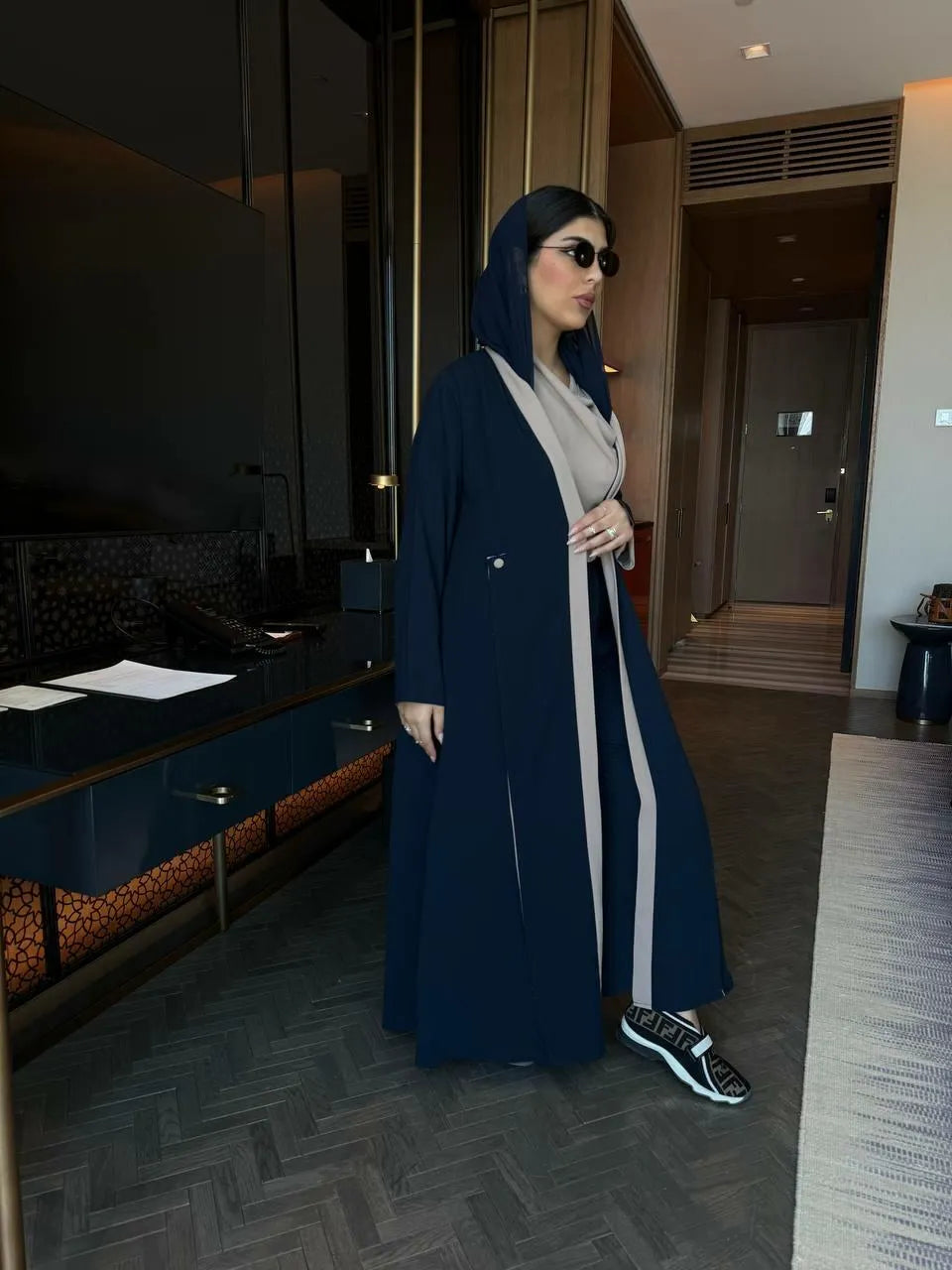 Navy and beige crepe blazer abaya