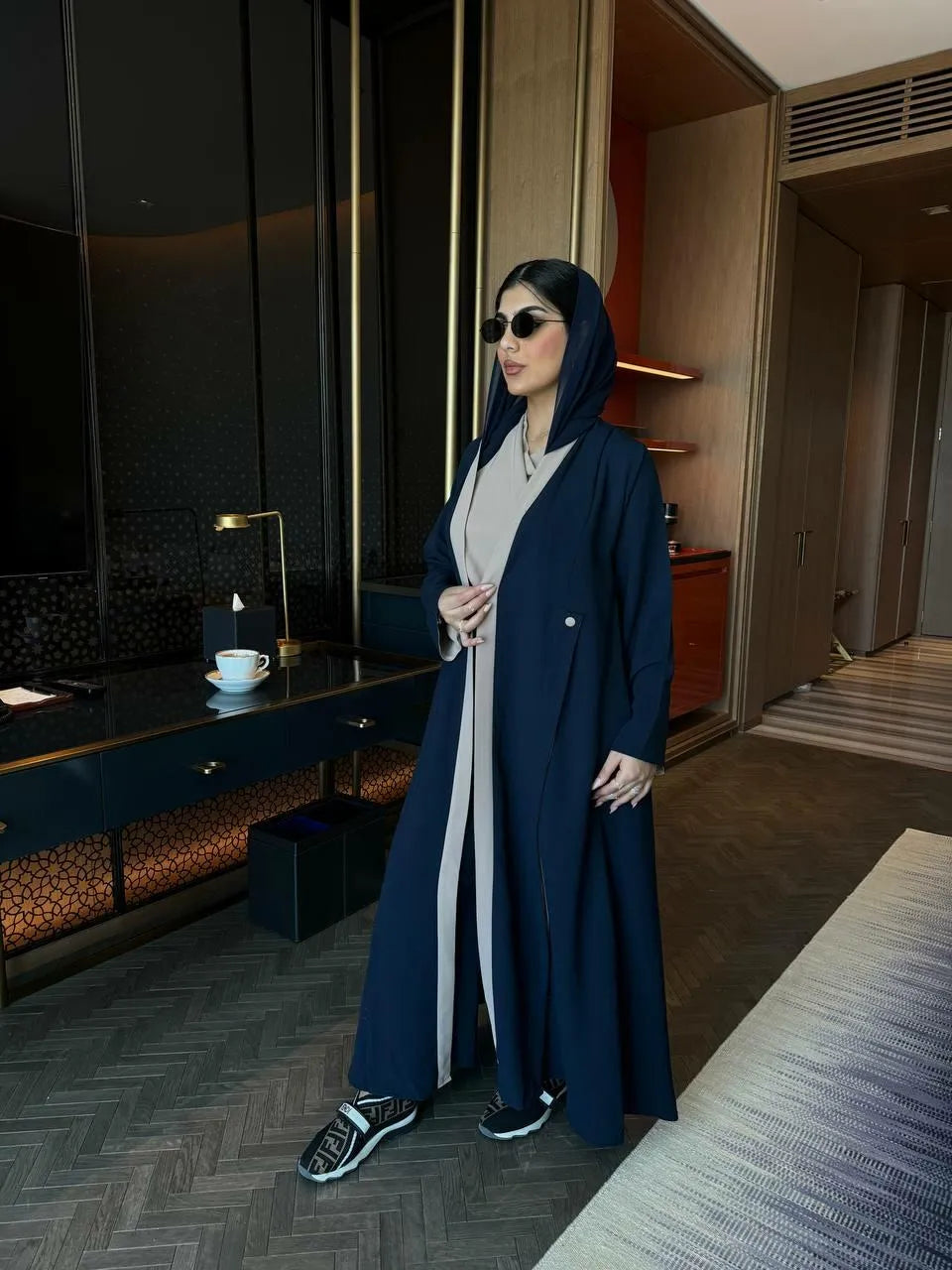 Navy and beige crepe blazer abaya