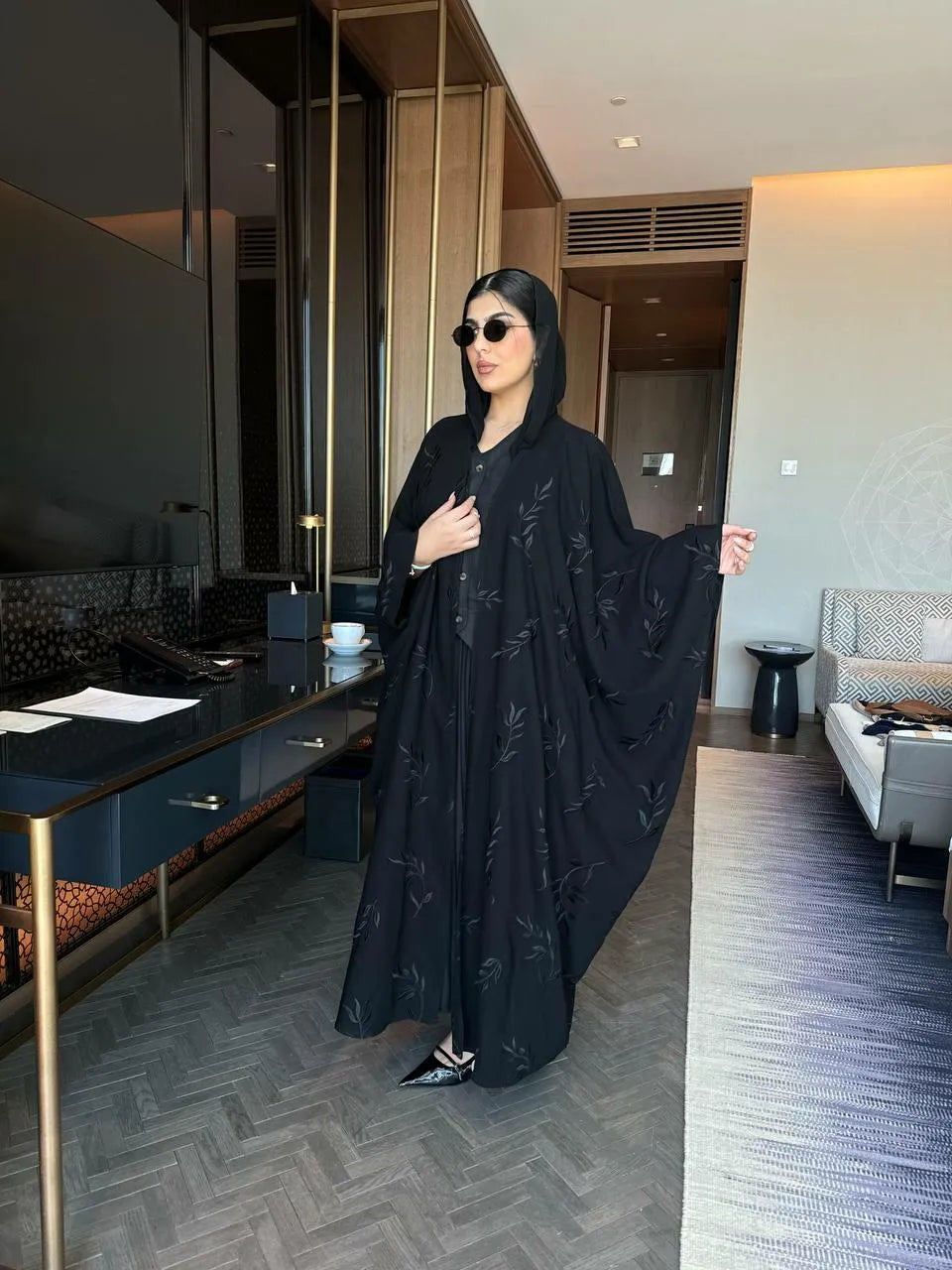 Black crepe abaya with black embroidery-free size