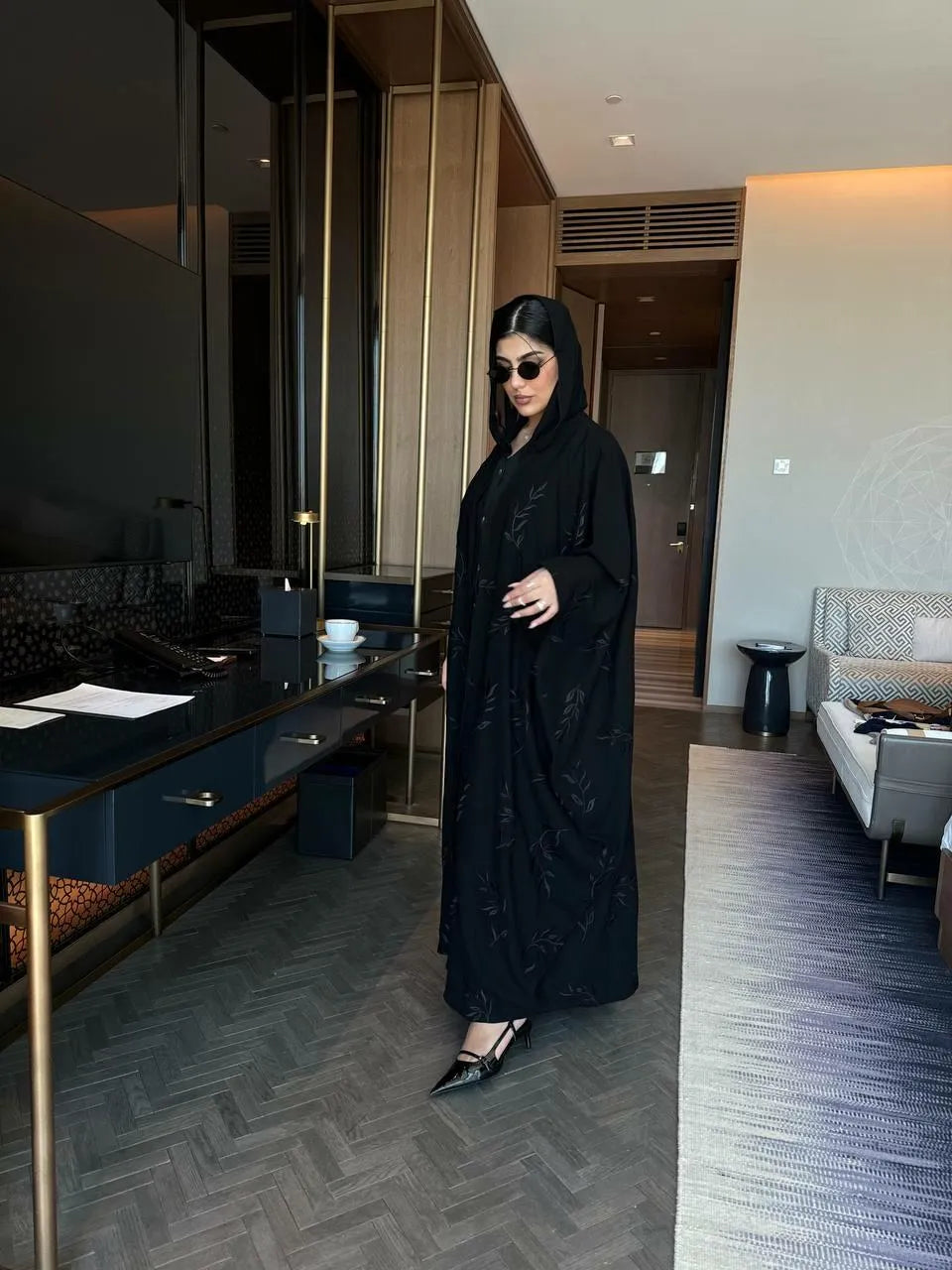 Black crepe abaya with black embroidery-free size