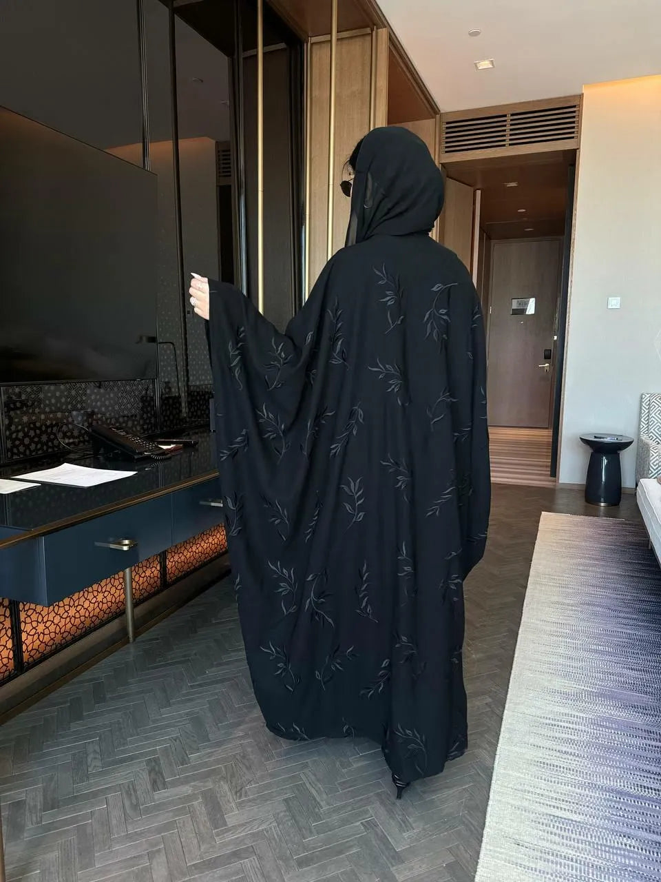 Black crepe abaya with black embroidery-free size