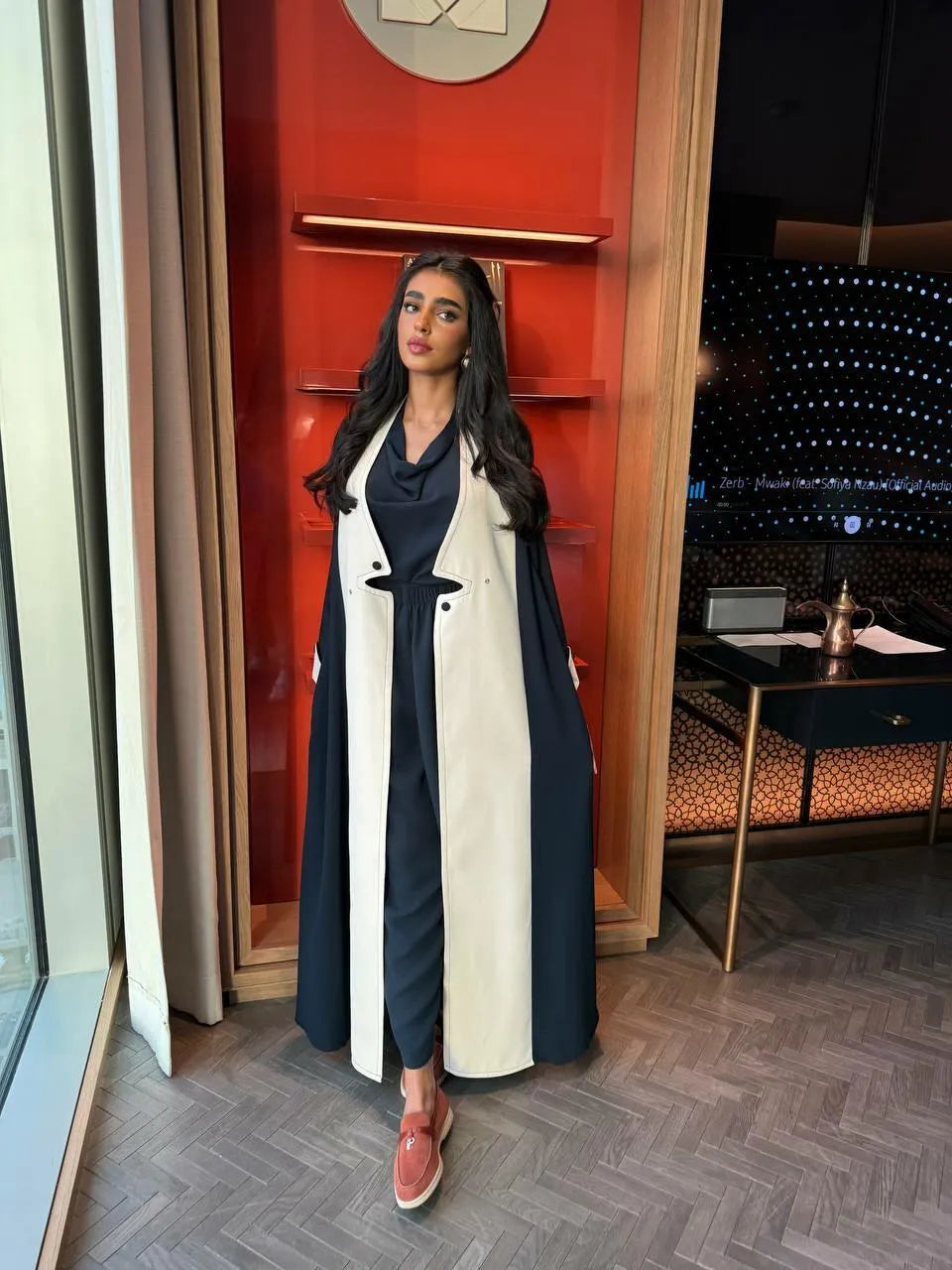 Navy and beige crepe blazer abaya