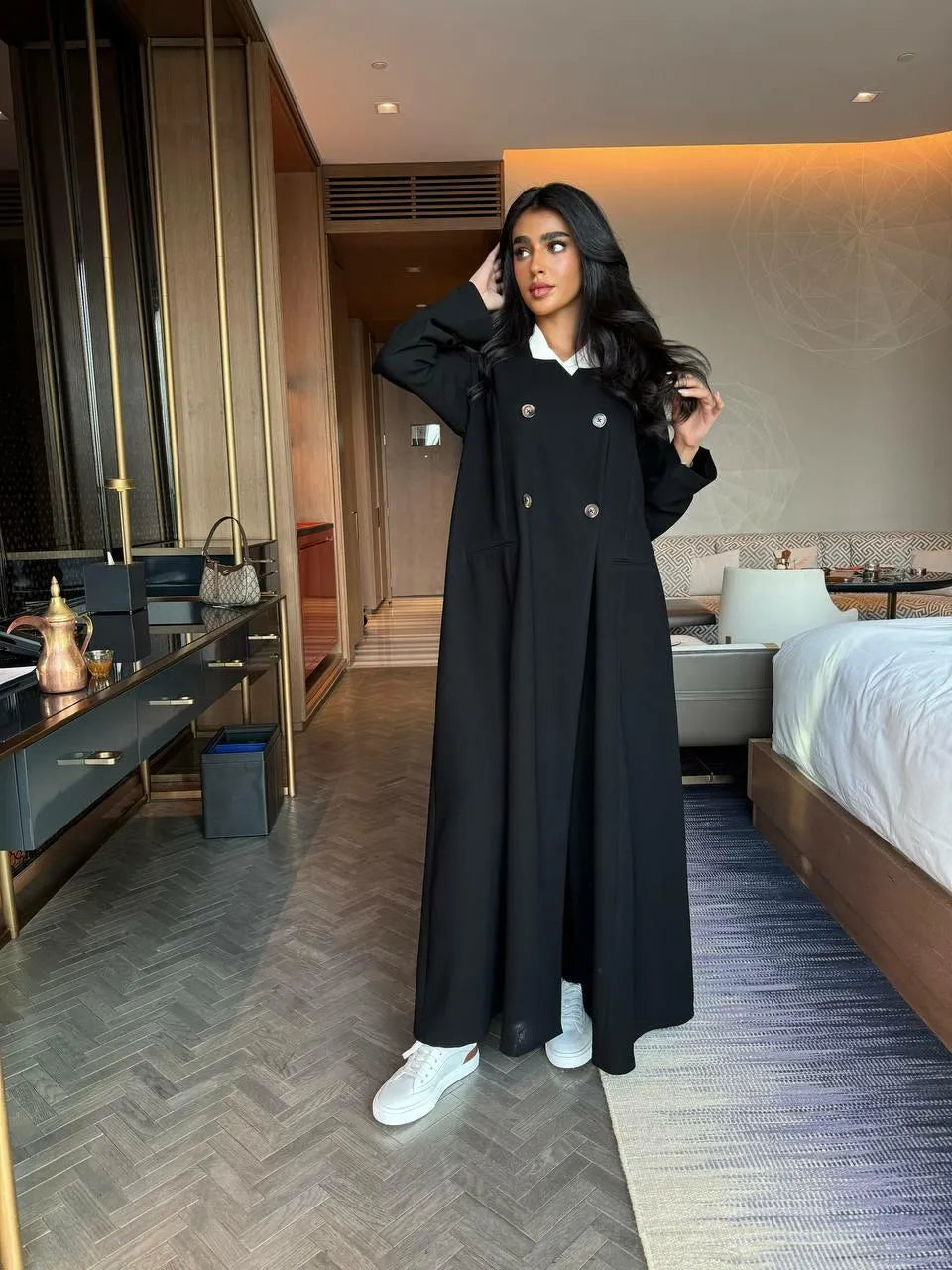 Black crepe blazer abaya with buttons