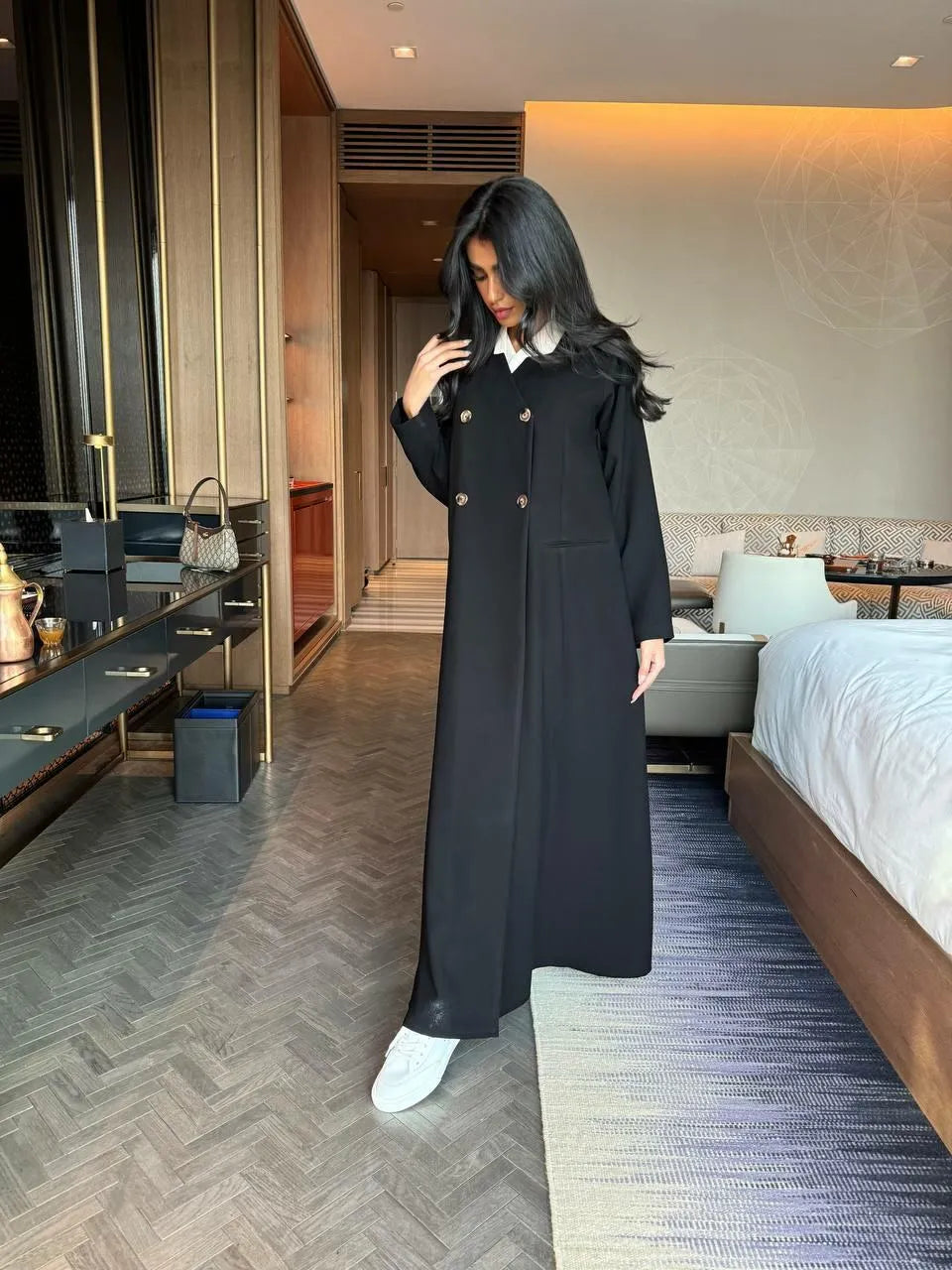 Black crepe blazer abaya with buttons