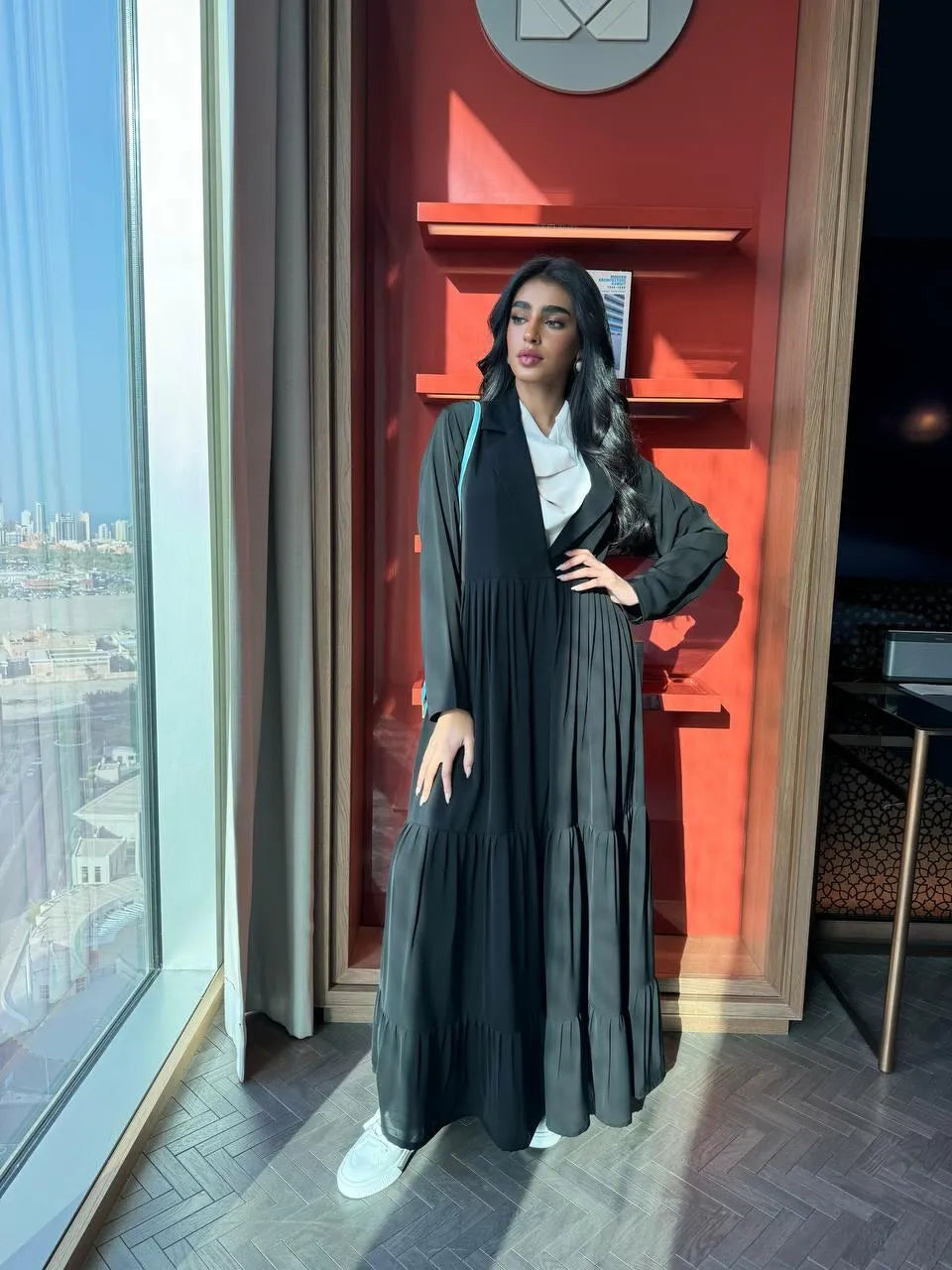 Black crepe blazer abaya with pleats
