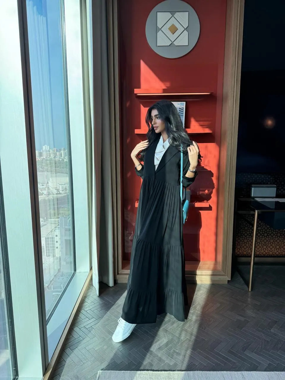 Black crepe blazer abaya with pleats