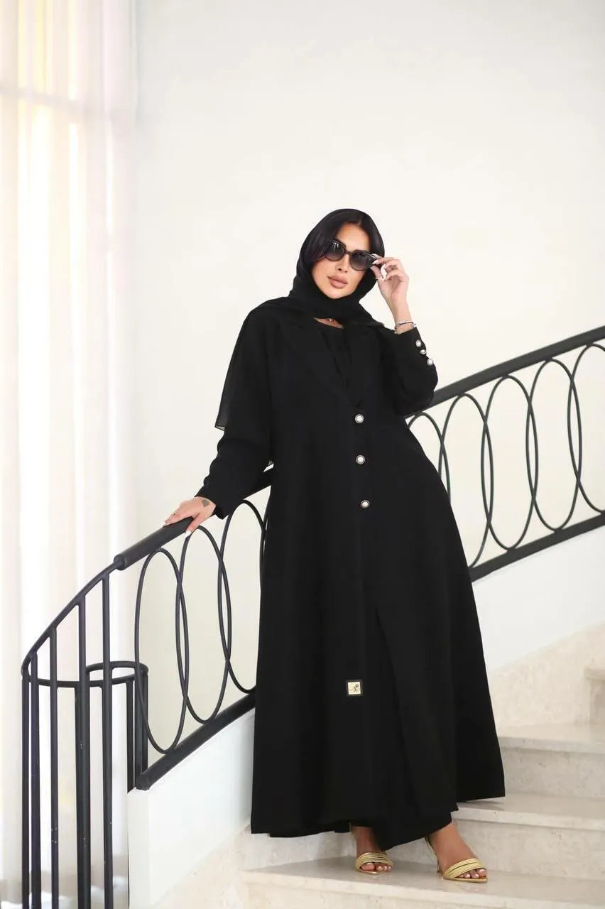 Black crepe blazer abaya with white buttons
