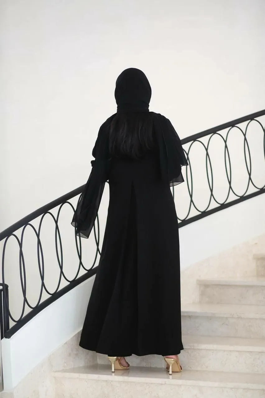 Black crepe blazer abaya with white buttons