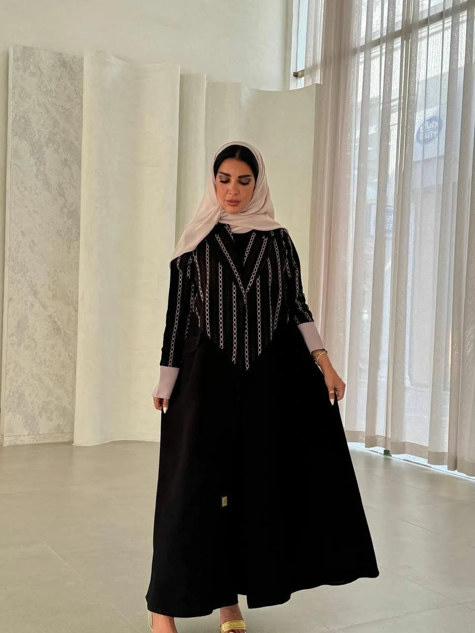 Black crepe blazer abaya embroidered from the top with beige sleeves