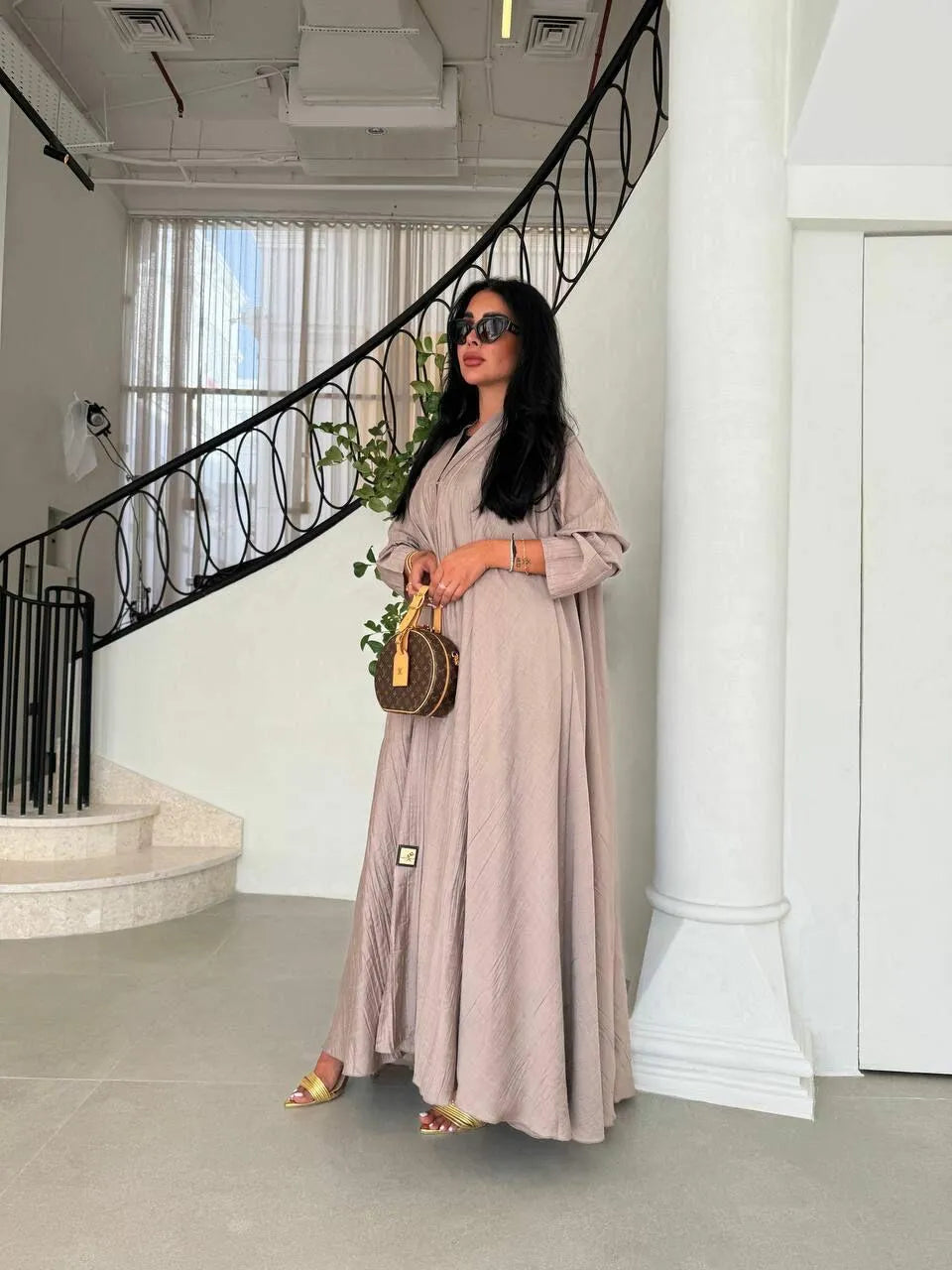 Beige linen abaya double cloche -free size