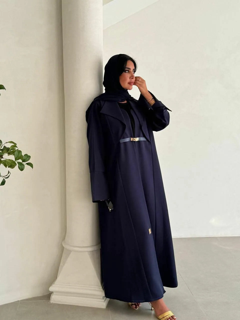 Navy crepe abaya with belt
