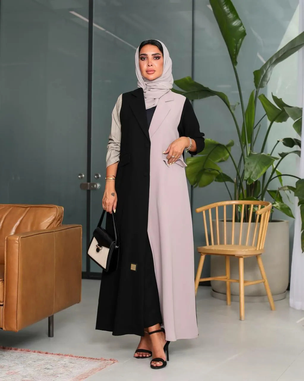 Black and beige blazer abaya with sleeves in two colors