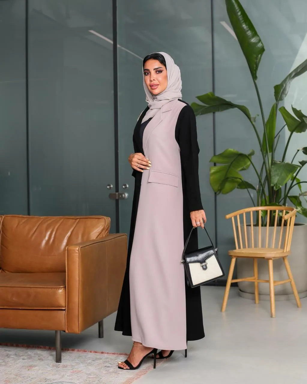 Black and beige blazer abaya with sleeves in two colors