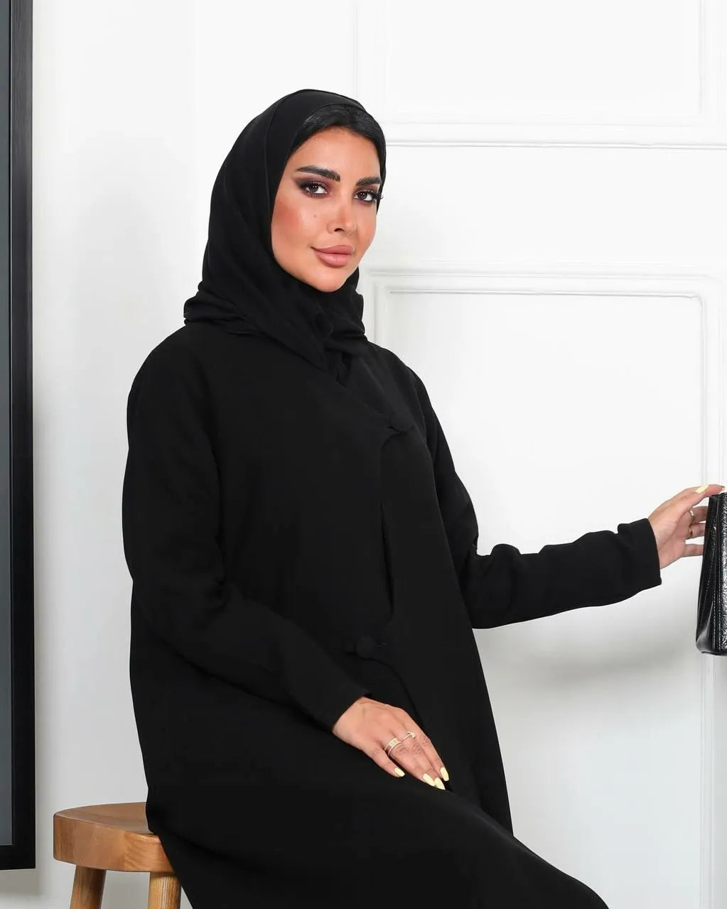 Black crepe abaya with buttons in the front
