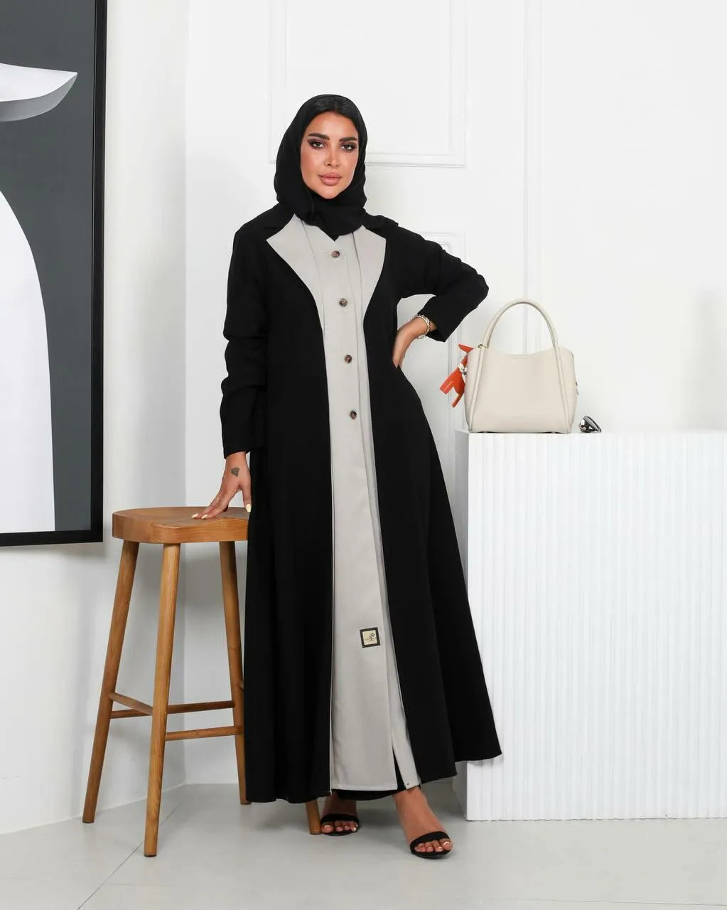 Black crepe abaya with beige on the front