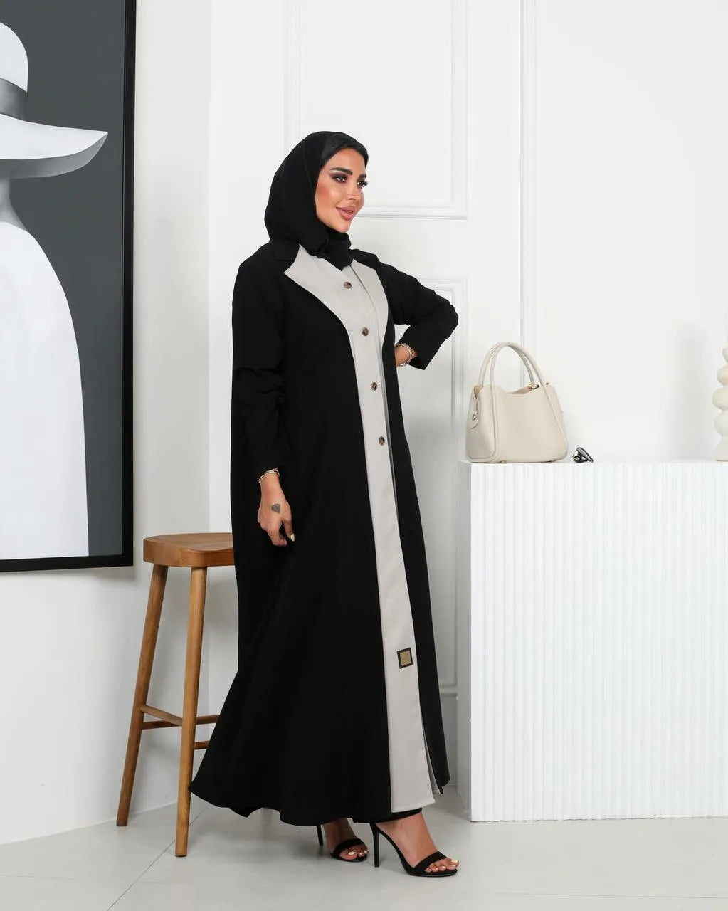 Black crepe abaya with beige on the front