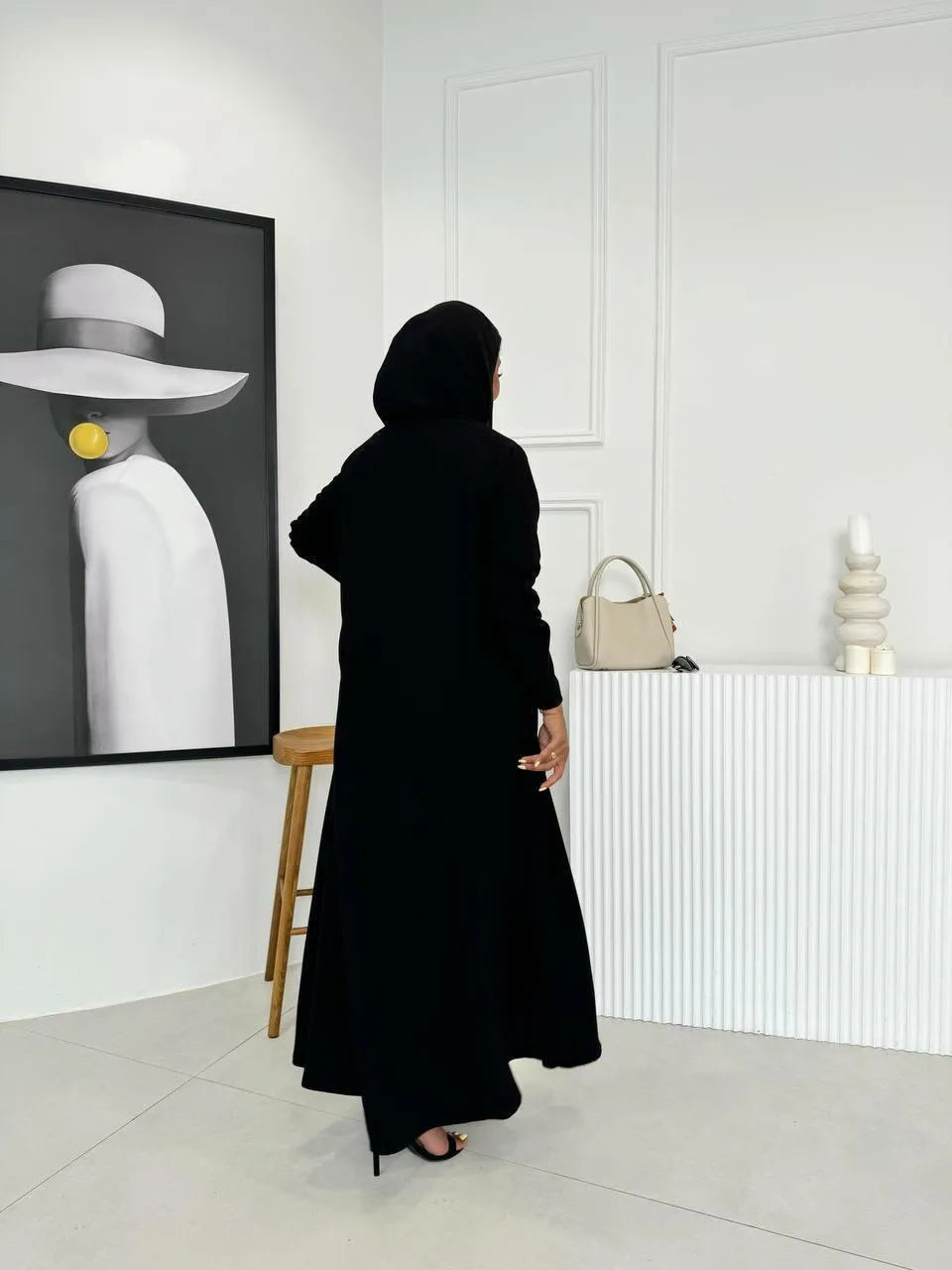 Black crepe abaya with beige on the front