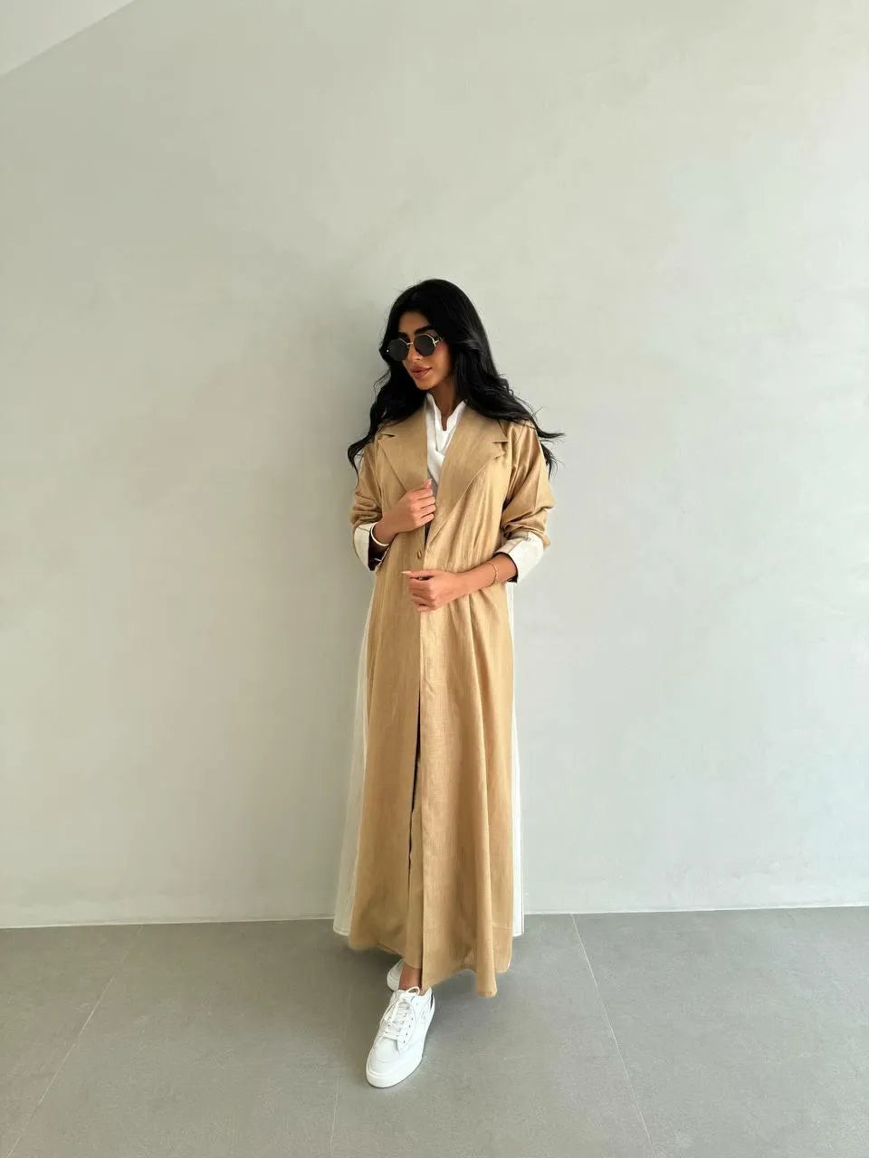Beige linen blazer abaya with stripes on the back and sleeves