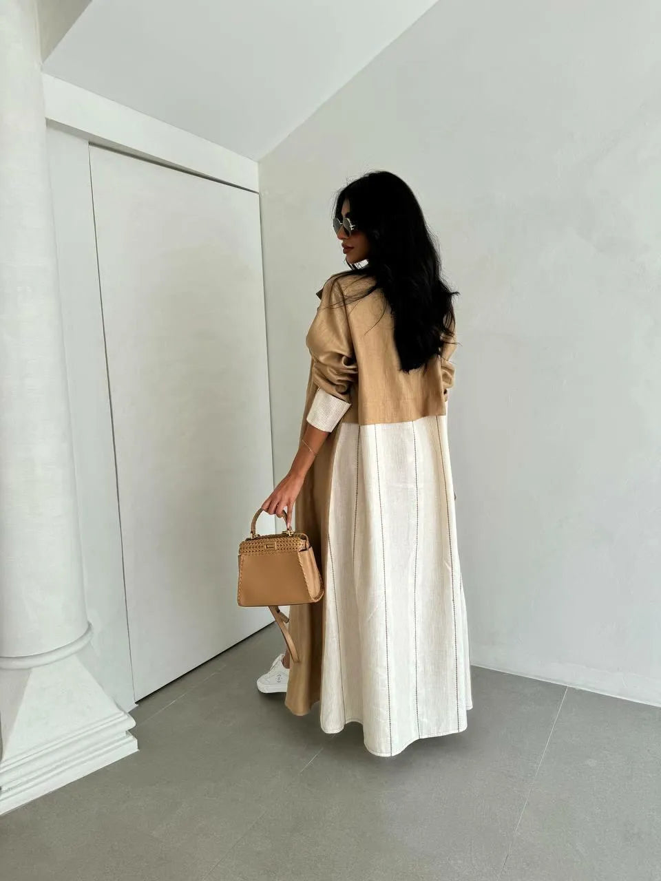 Beige linen blazer abaya with stripes on the back and sleeves