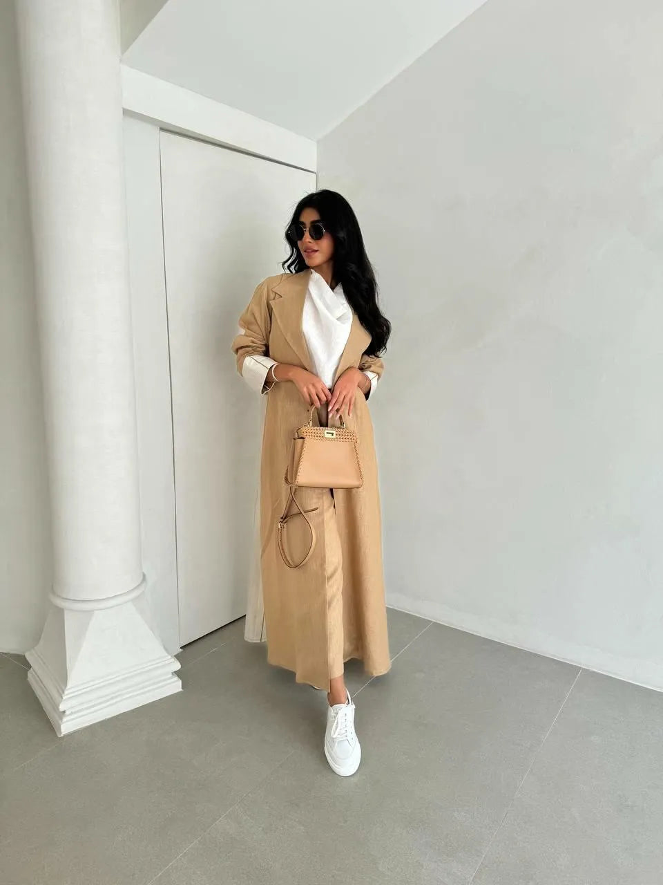 Beige linen blazer abaya with stripes on the back and sleeves