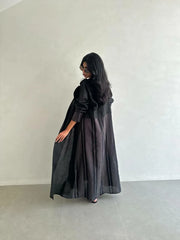 Black linen blazer abaya with stripes on the back and sleeves