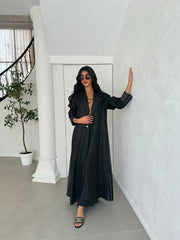 Black linen blazer abaya with stripes on the back and sleeves