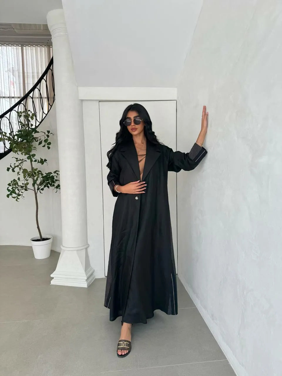 Black linen blazer abaya with stripes on the back and sleeves