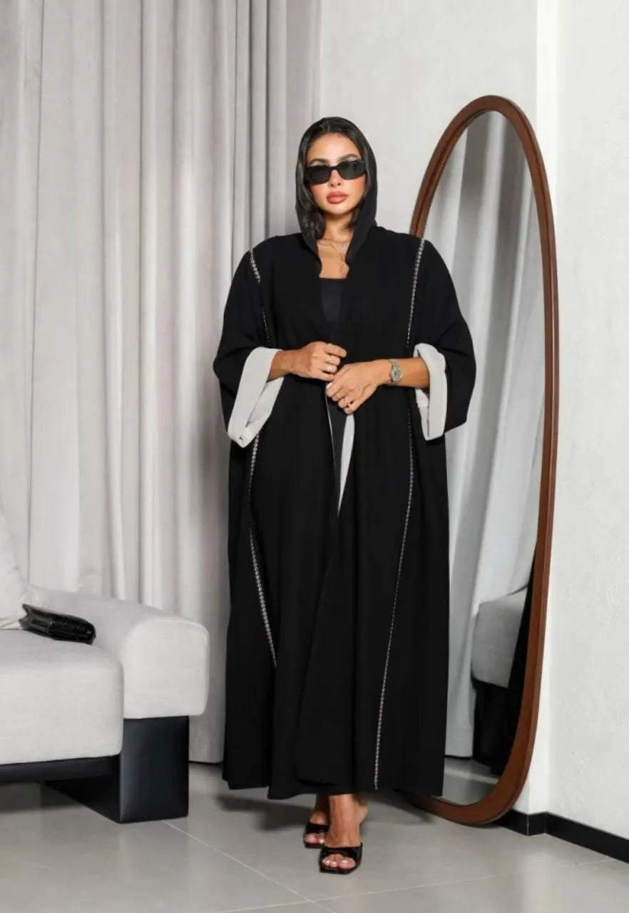 Black crepe abaya with beige lining -free size
