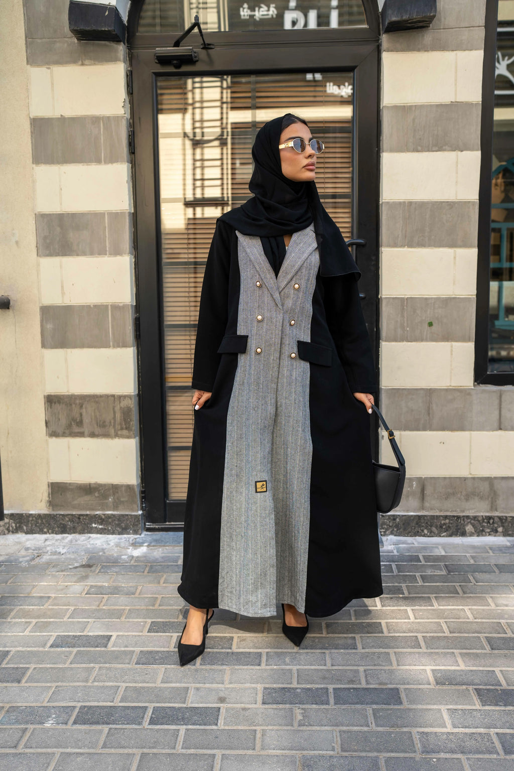 Black and grey crepe blazer abaya with buttons in the front
