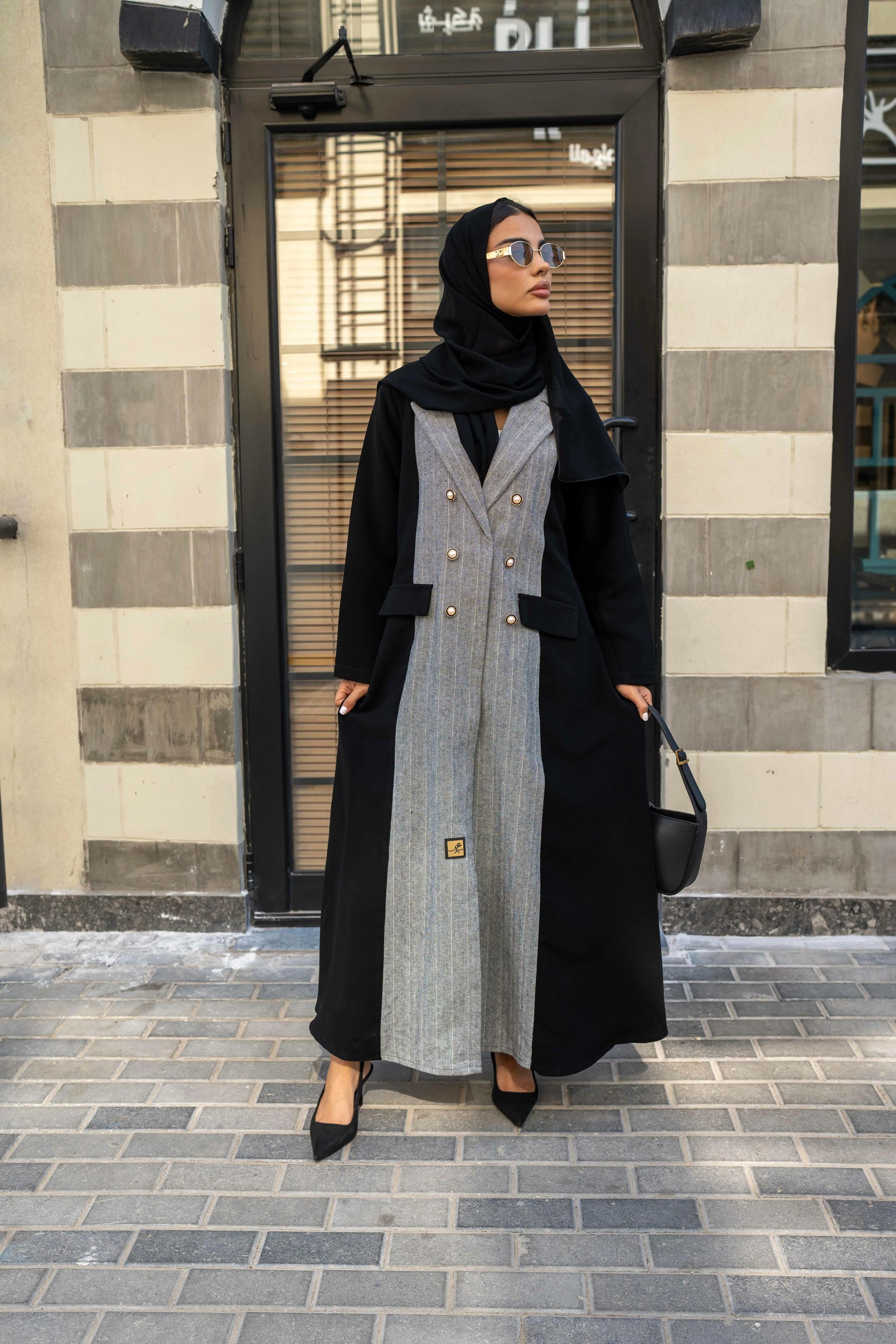 Black and grey crepe blazer abaya with buttons in the front