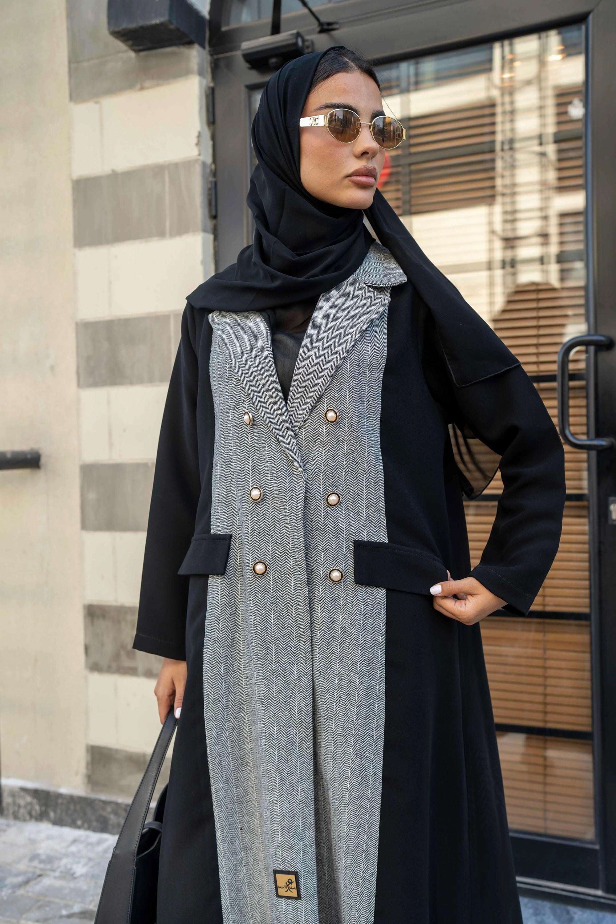 Black and grey crepe blazer abaya with buttons in the front