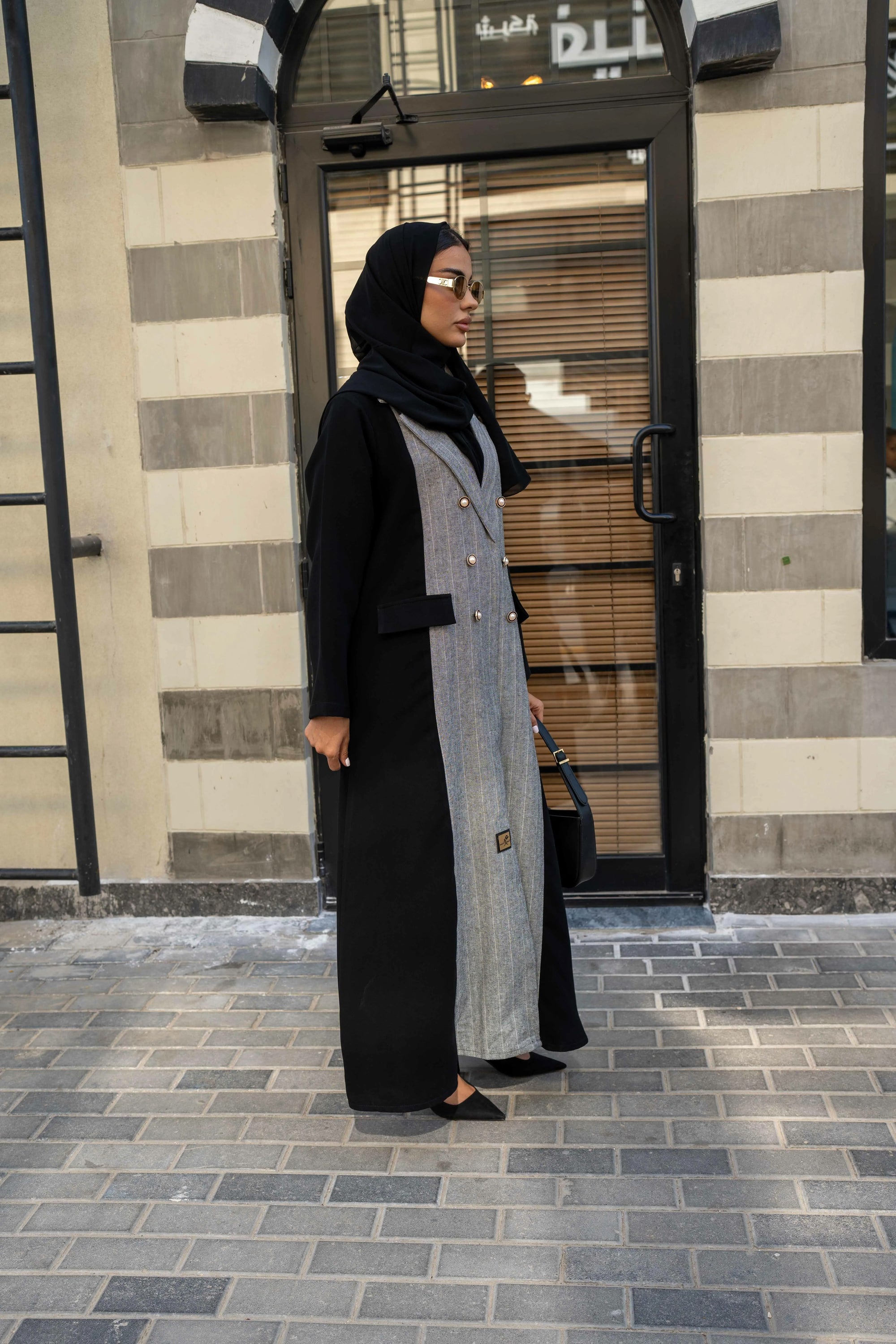 Black and grey crepe blazer abaya with buttons in the front