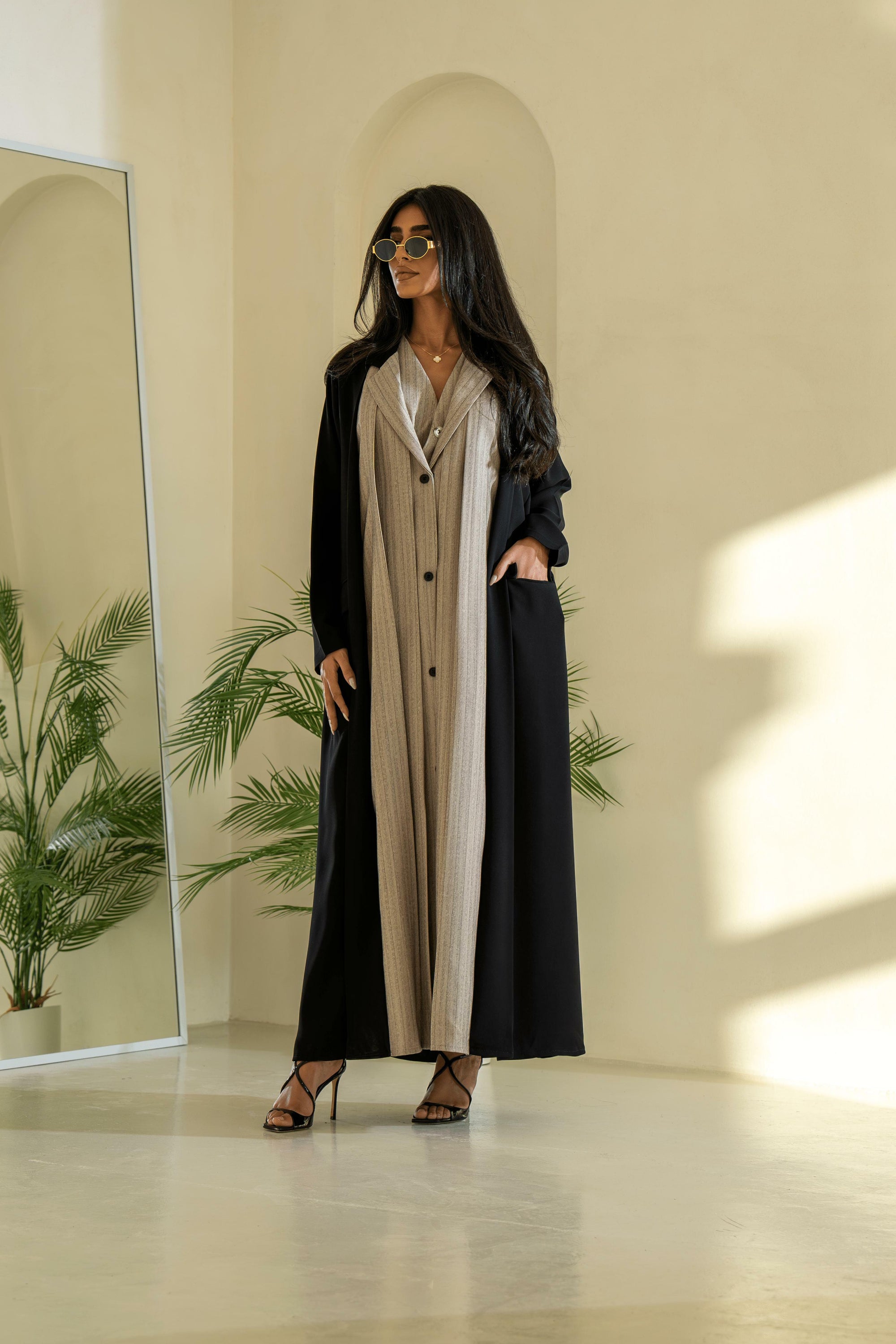 Black and beige striped blazer abaya