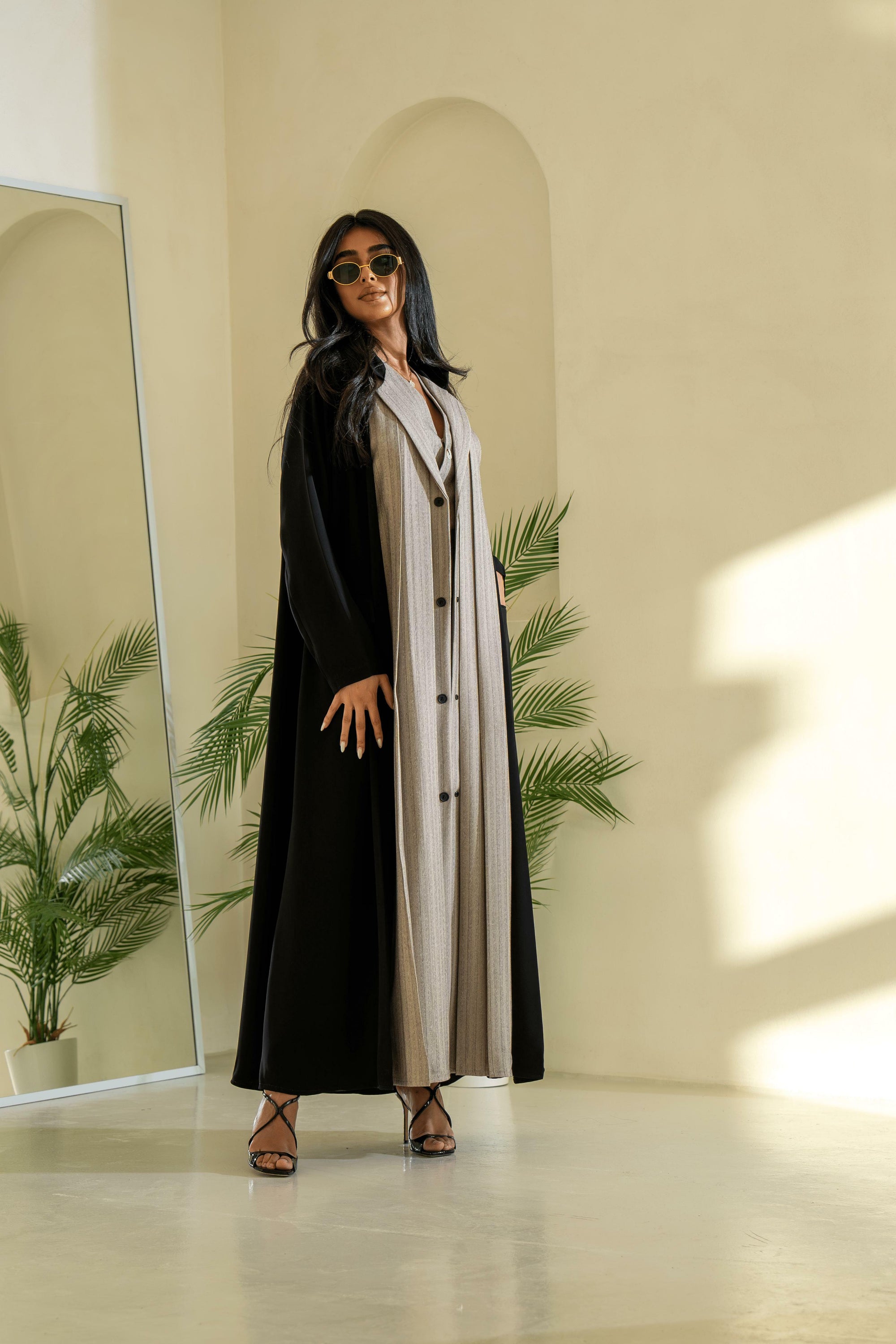 Black and beige striped blazer abaya
