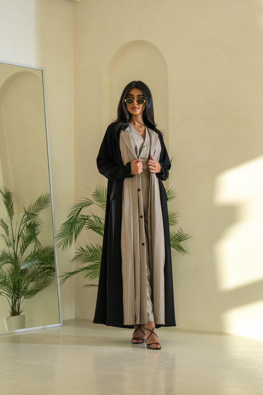 Black and beige striped blazer abaya