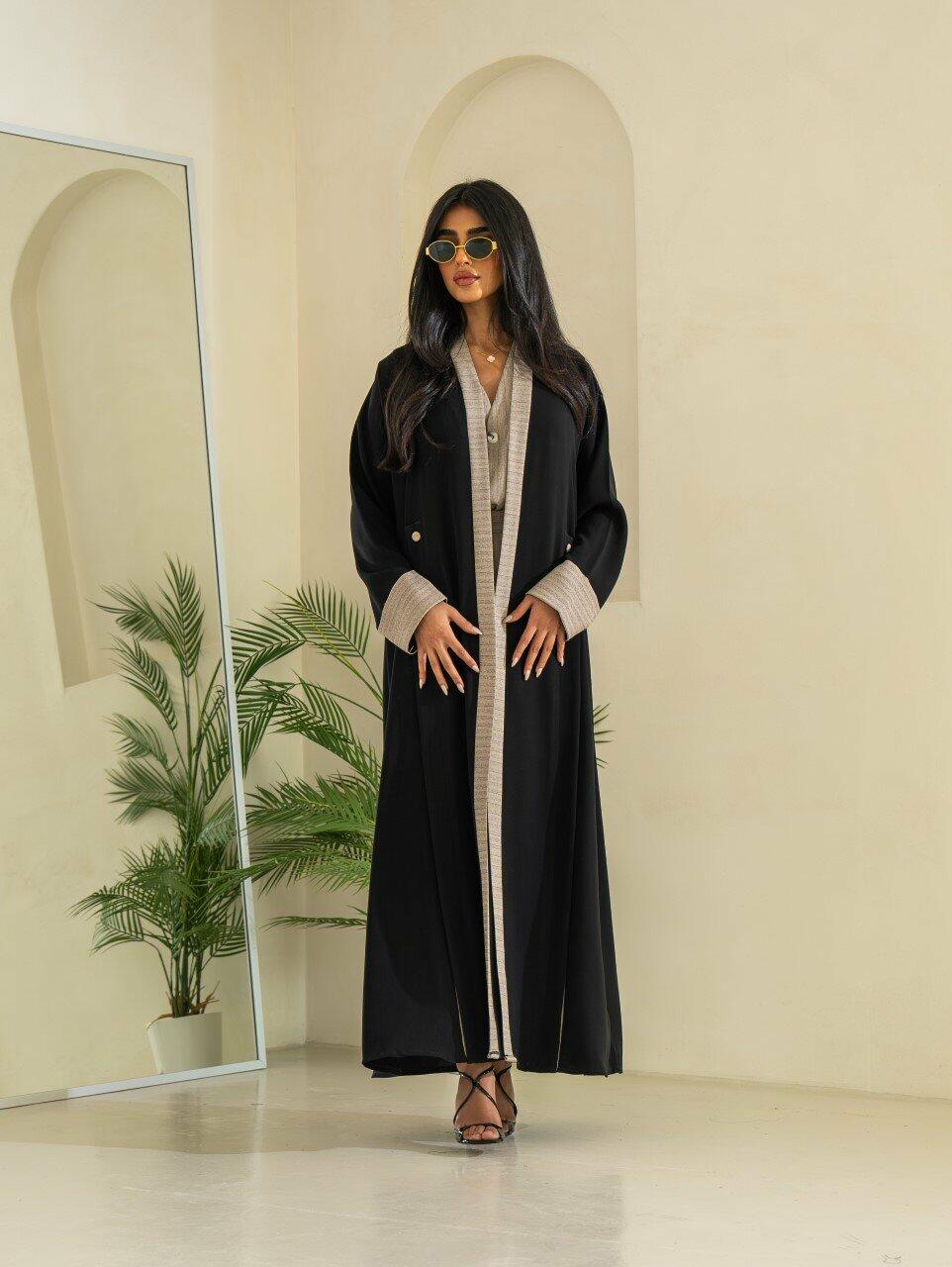 Black crepe blazer abaya with beige striped