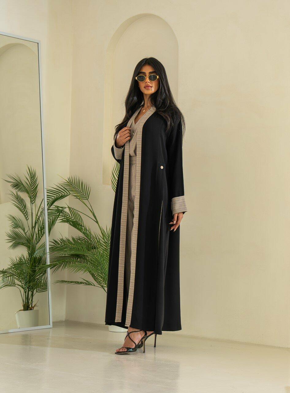 Black crepe blazer abaya with beige striped