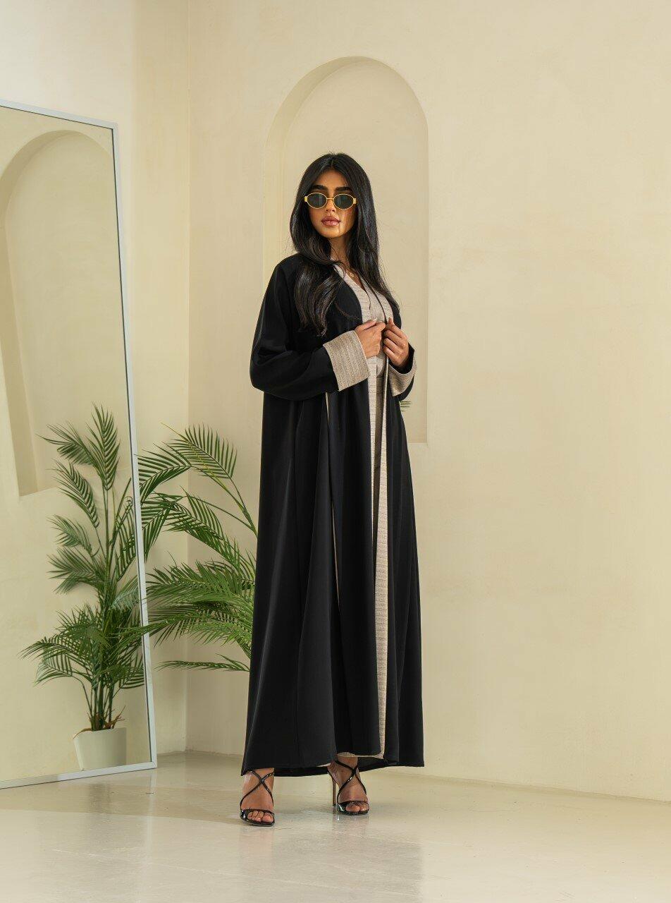 Black crepe blazer abaya with beige striped